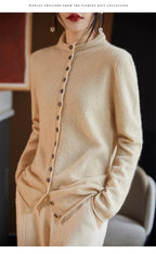 Women's merino wool button cardigan, light beige fuzzy knit, button placket and curved hem