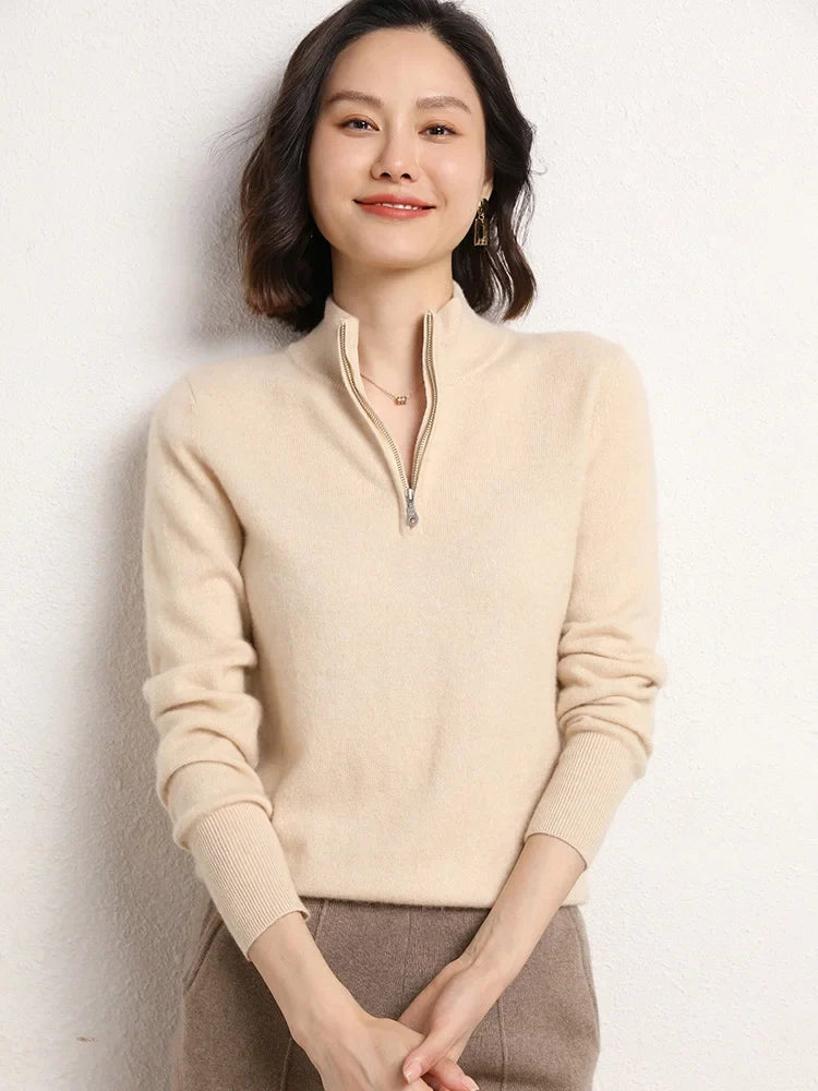Women's half-zip mock neck knit sweater, cream knit with half-zip mock neck