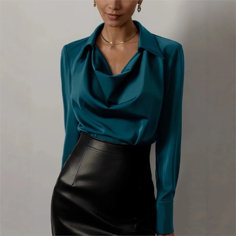 100% silk full-sleeve shirt in teal blue with draped cowl V neckline, front view