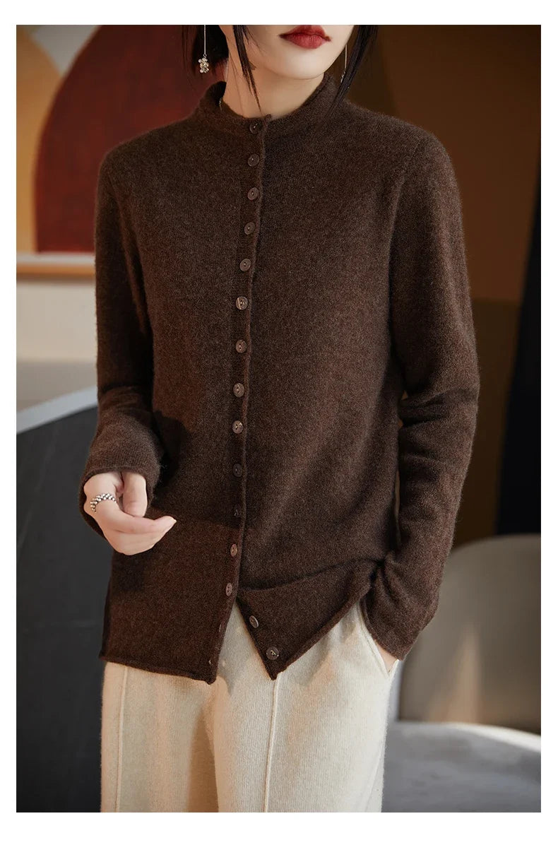 Women’s merino wool button cardigan, coffee brown, vertical button placket and high collar.