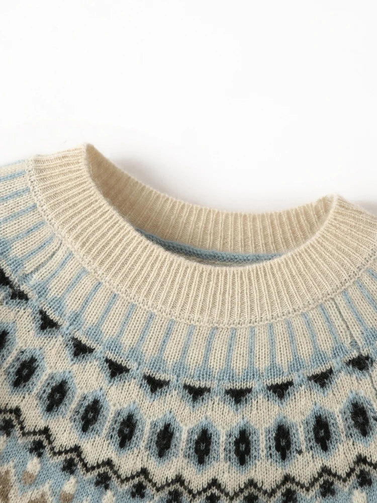 Sky blue mock neck knit sweater with Fair Isle pattern and ribbed collar close-up