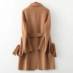 Camel belted wool midi coat with back belt strap and long sleeves