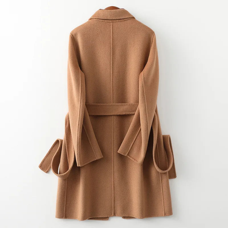 Camel belted wool midi coat with back belt strap and long sleeves
