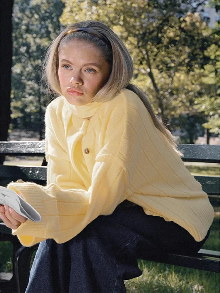 Women’s oversized button-front cardigan, textured knit, pale yellow