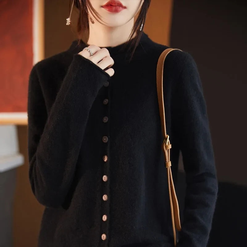 Women's merino wool button cardigan, black fuzzy knit, long sleeves and round collar