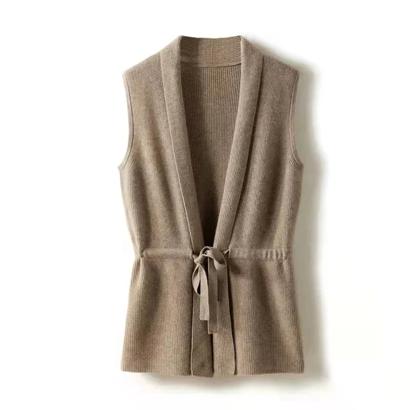 Camel merino wool sweater vest with V-neck and waist tie belt, sleeveless knit.