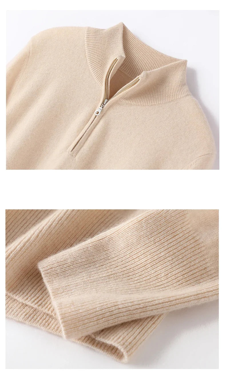 Beige sweater cuff and shoulder seam detail on a half-zip mock neck knit