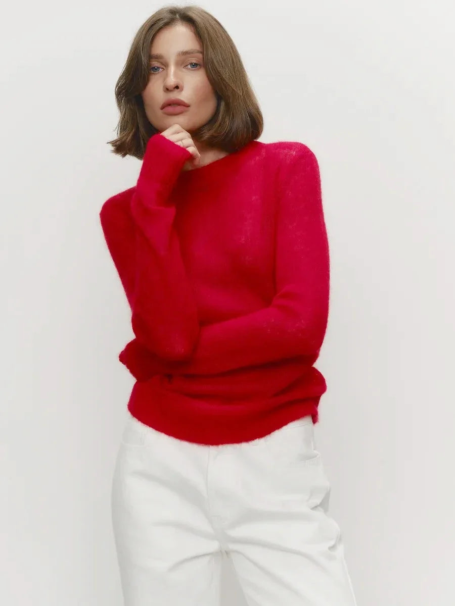 Lightweight crewneck knit sweater, bright red, long sleeves and ribbed hem