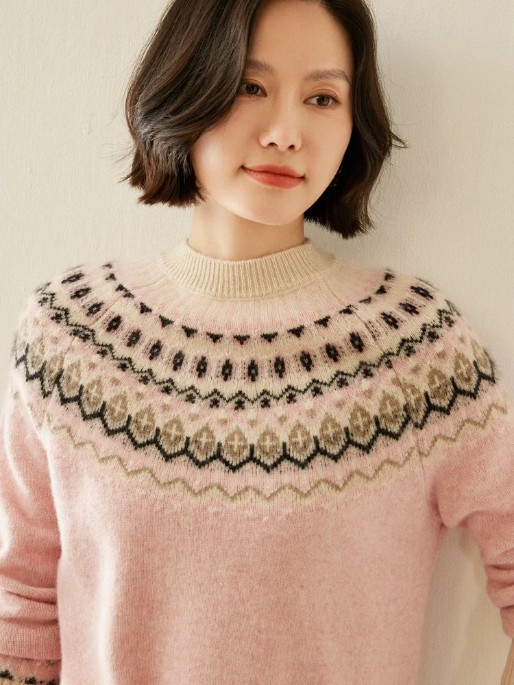 Pink mock neck fair isle knit sweater, close-up of patterned yoke