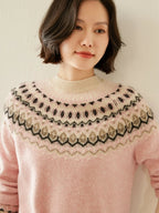 Pink mock neck fair isle knit sweater, close-up of patterned yoke