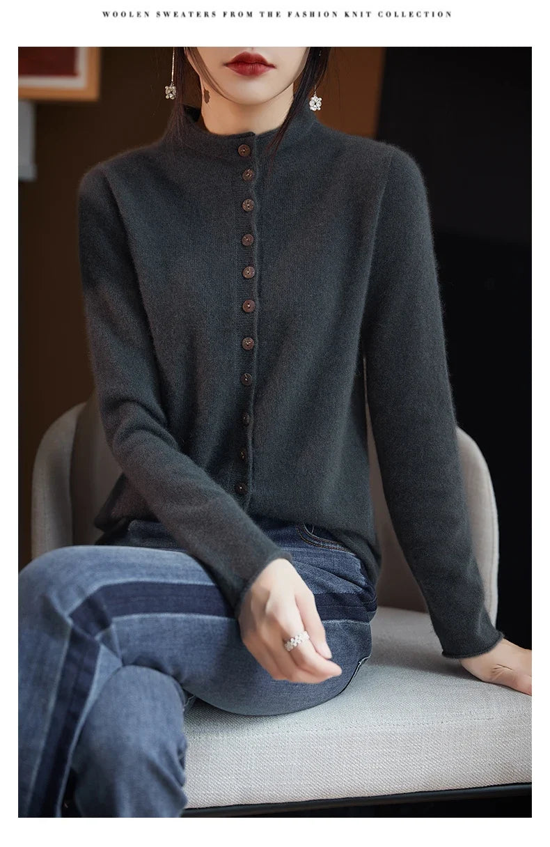 Women’s merino wool button cardigan, dark gray, full front with long sleeves and buttons.
