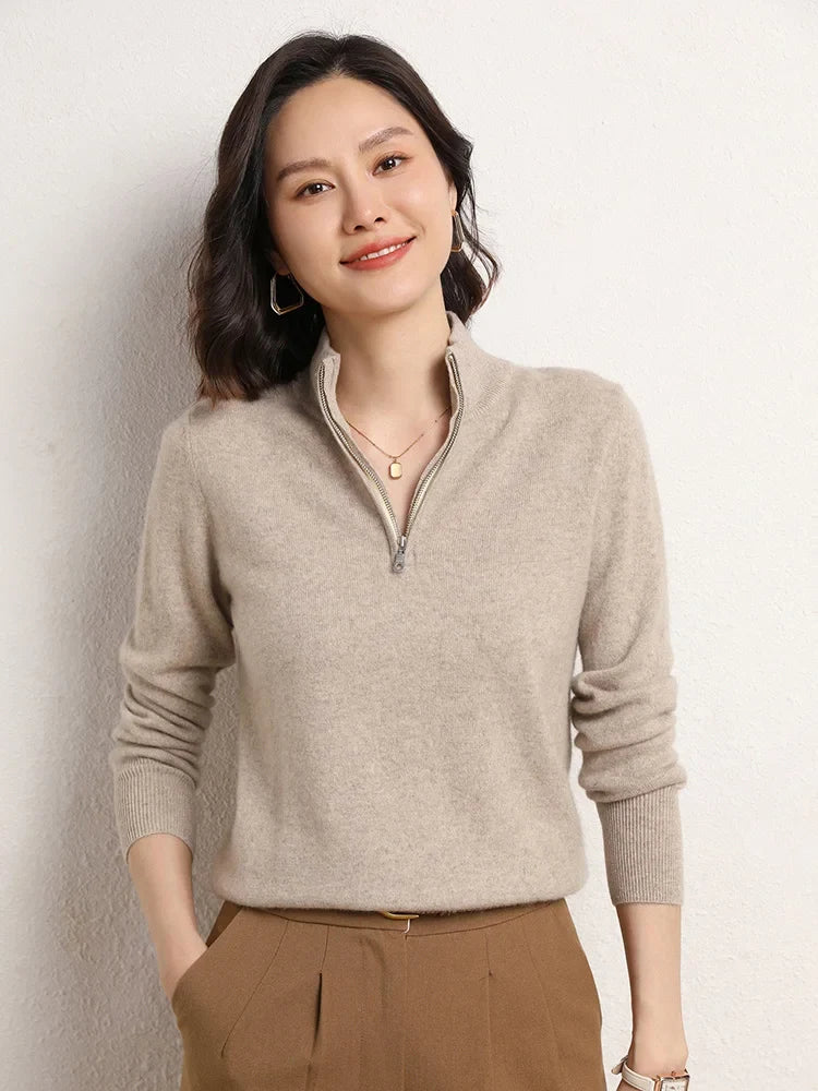 Women's half-zip mock neck knit sweater, beige knit with half-zip mock neck