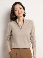 Women's half-zip mock neck knit sweater, beige knit with half-zip mock neck