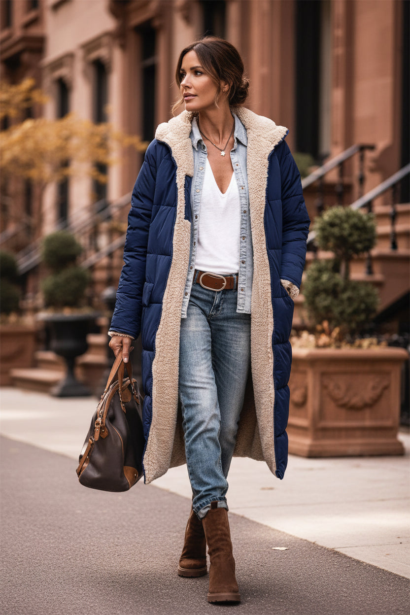 Navy blue longline puffer jacket with sherpa hood trim and sherpa lining
