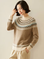 Women's camel-brown Fair Isle mock neck sweater, long sleeves and ribbed cuffs