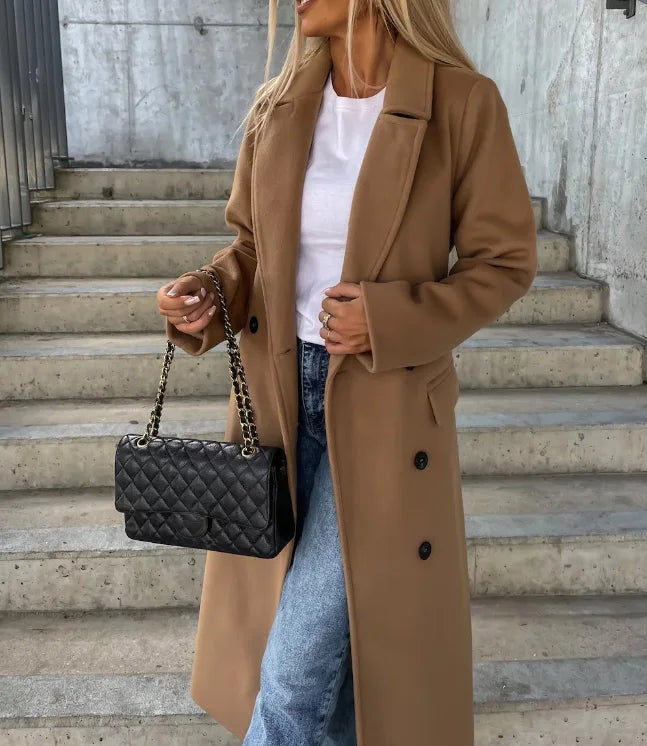 Women's thick double-breasted long coat, tan, button-front, flap pockets