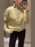 Women's rib knit shirt jacket, high collar, button front, long sleeves, light yellow