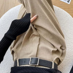 Khaki corduroy wide-leg high-rise pants with black square-buckle belt