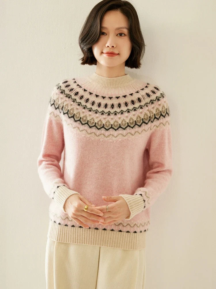 Pink fair isle mock neck knit sweater with cream ribbed cuffs and hem