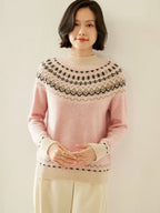 Pink fair isle mock neck knit sweater with cream ribbed cuffs and hem