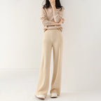 Women’s wide-leg knit pants in cream, full-length look with wide leg silhouette
