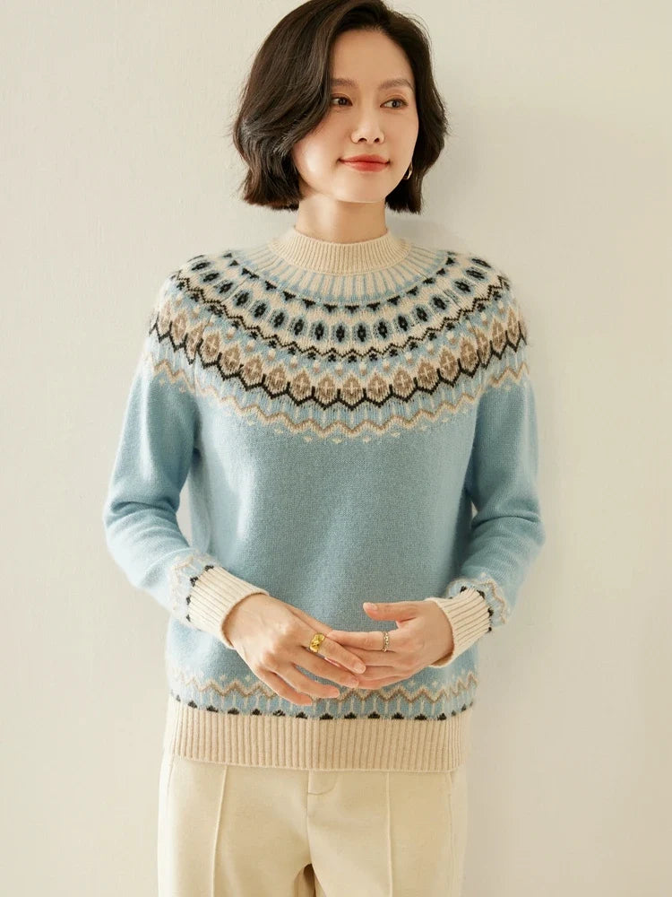 Light blue Fair Isle knit sweater with mock neck, patterned yoke, and ribbed hem.