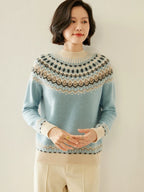 Light blue Fair Isle knit sweater with mock neck, patterned yoke, and ribbed hem.