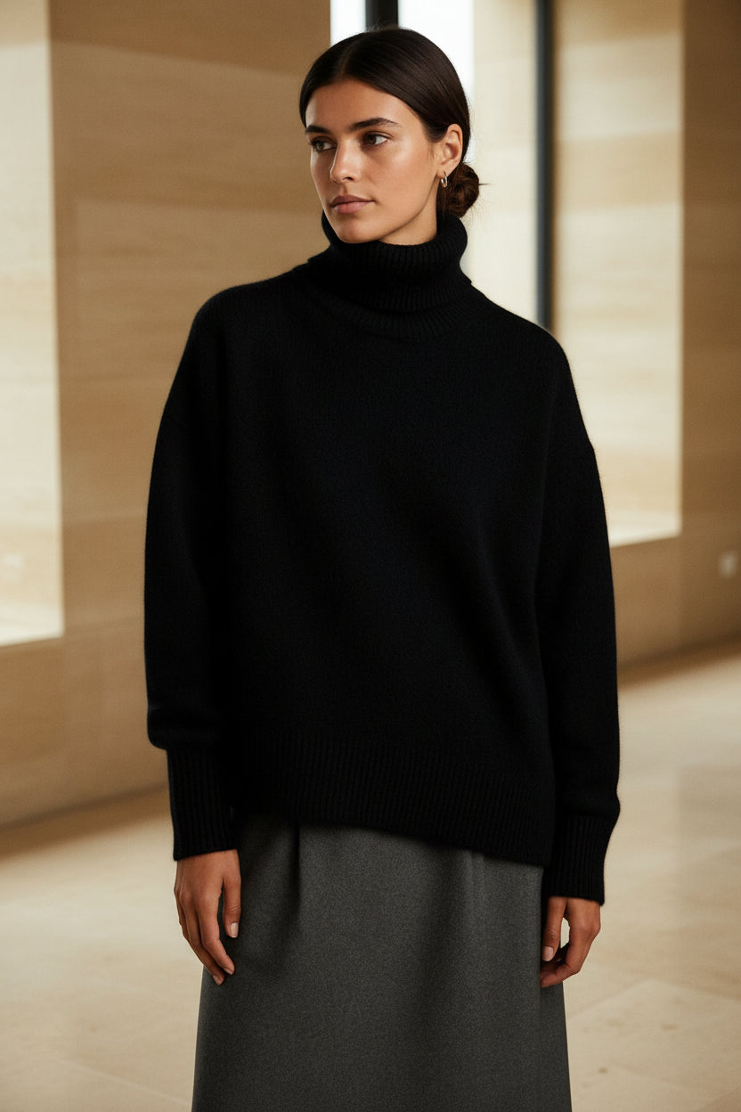 Women’s black cashmere turtleneck sweater with ribbed collar and cuffs