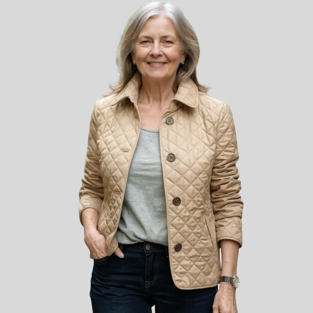 Women's quilted jacket with lapel collar, khaki, button-front and patch pockets
