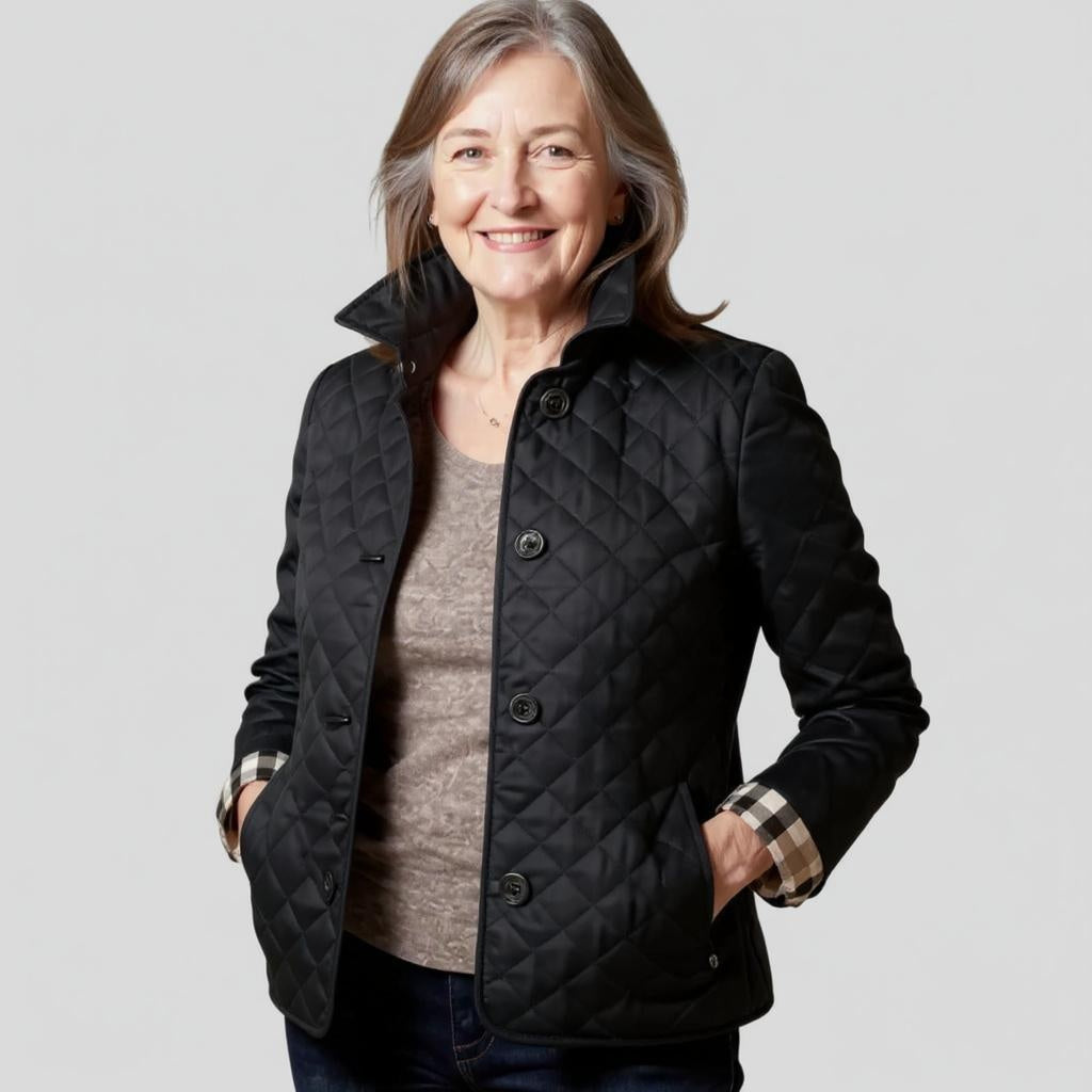 Women's quilted jacket with lapel collar, black, button-front and patch pockets