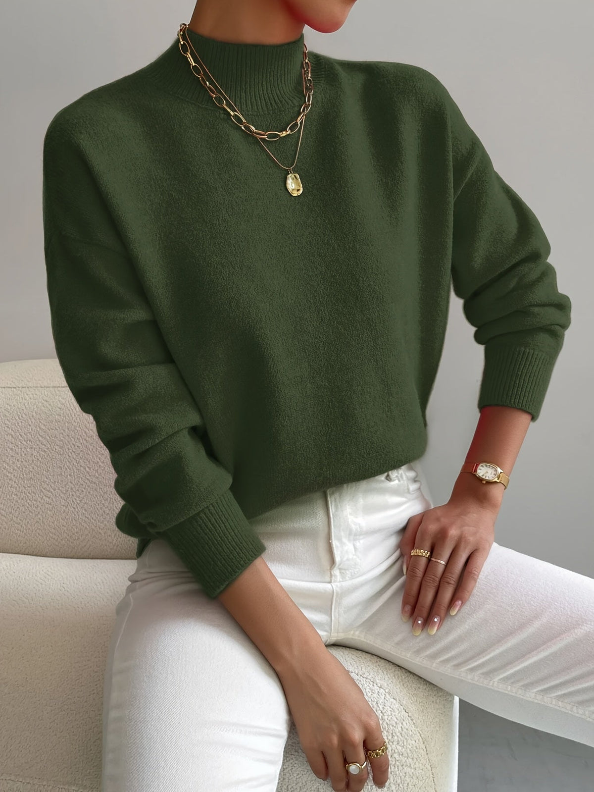 Women’s turtleneck knit sweater, dark green with long sleeves