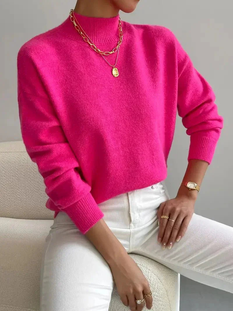 Women’s turtleneck knit sweater, fuchsia pink with long sleeves