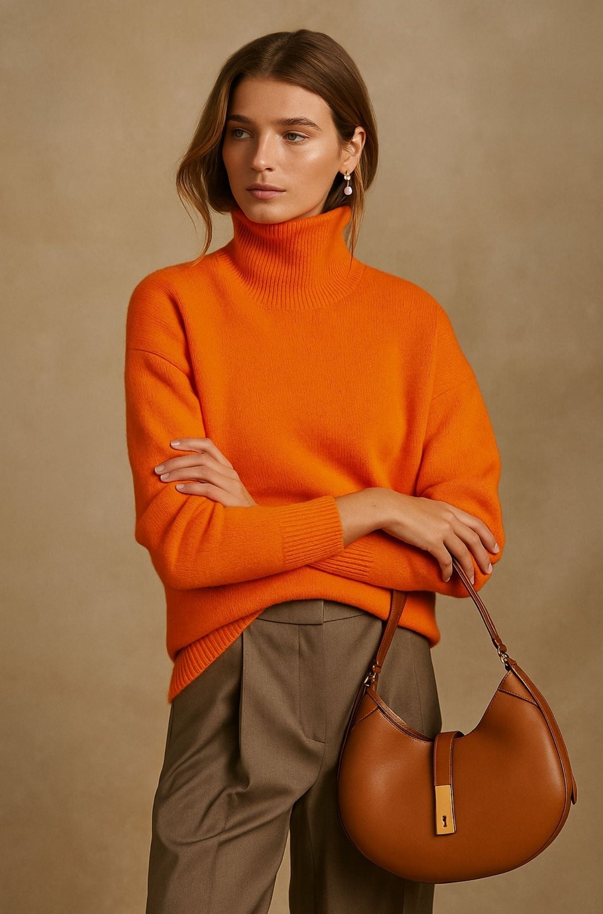 Women’s orange cashmere turtleneck sweater with ribbed collar and cuffs