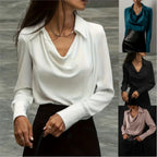 100% silk full-sleeve shirt color options in white, black, and teal with draped V neckline