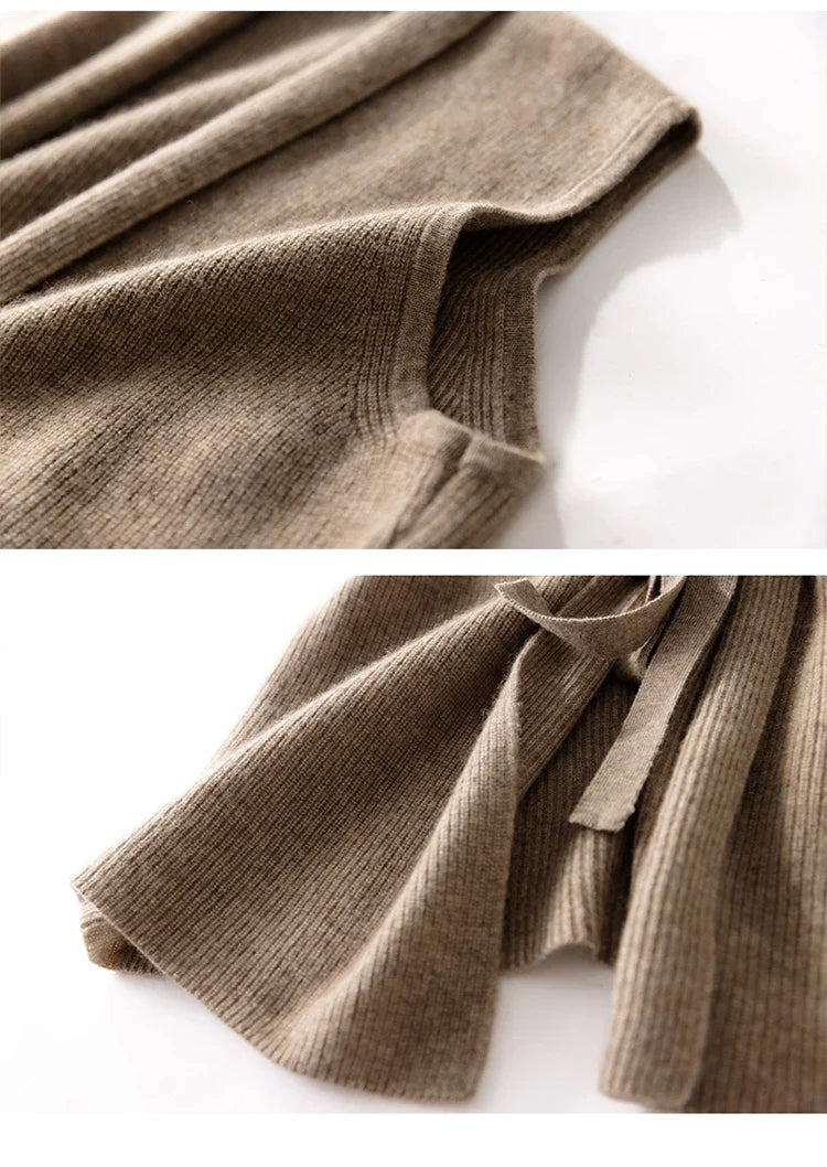 Women’s merino wool sweater vest hem and belt tie detail, camel knit