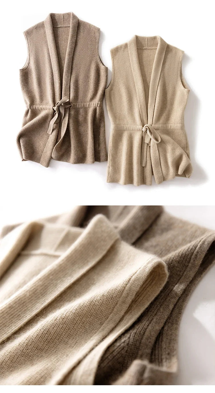 Camel merino wool belted sweater vest with tie waist, ribbed V-neck and armhole.