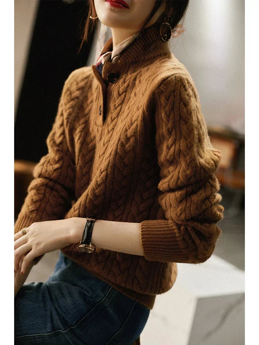 Camel cable-knit cashmere button-up sweater with dark buttons and ribbed sleeve cuffs.