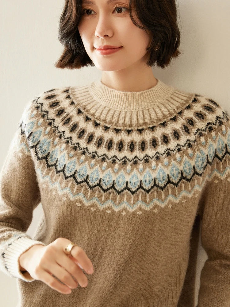 Close-up of Fair Isle mock neck sweater knit, camel-brown with blue zigzag band
