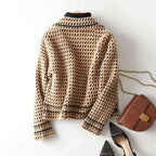 Houndstooth knit jacket in camel and tan with ribbed knit collar and cuffs