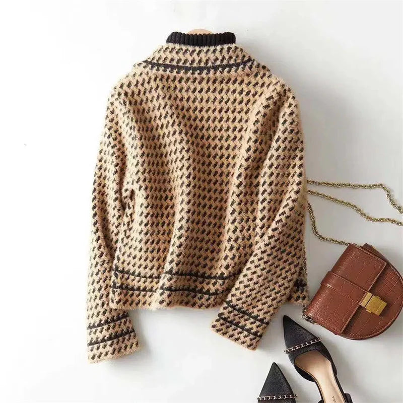 Houndstooth knit jacket in camel and tan with ribbed knit collar and cuffs