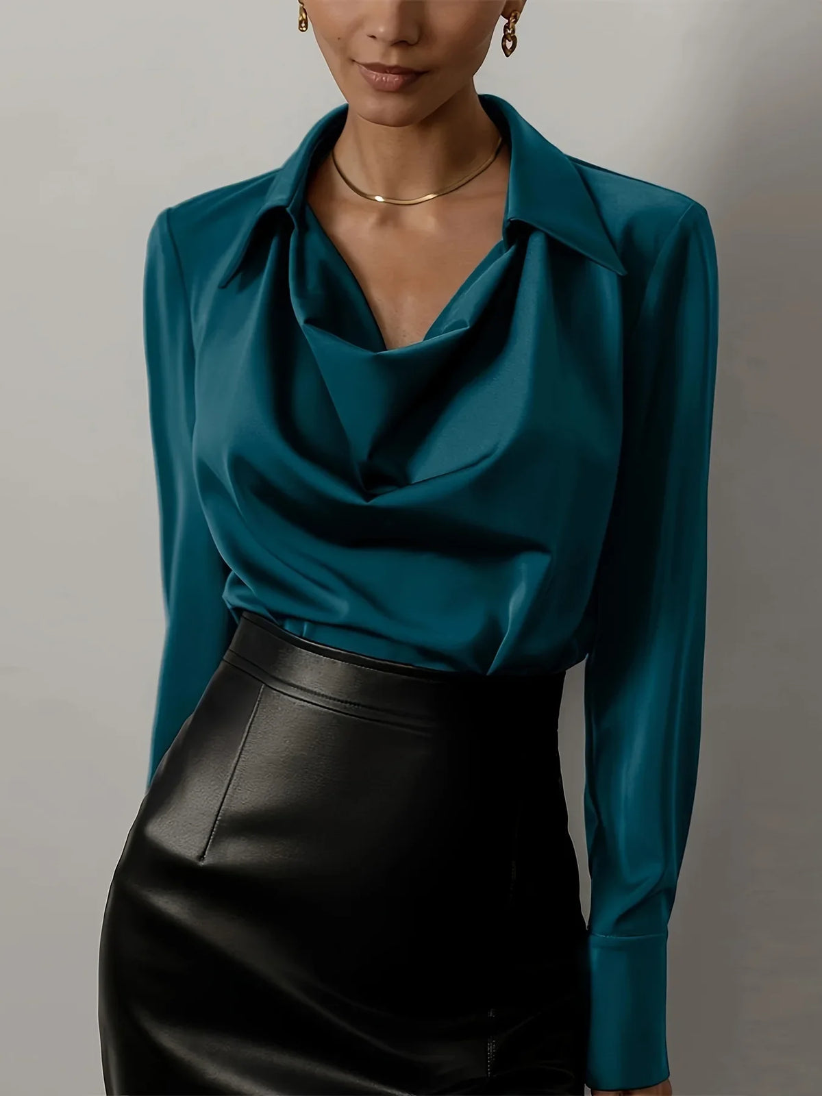 100% silk full-sleeve shirt in teal blue with draped cowl V neckline and long sleeves