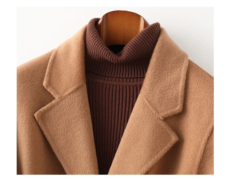 Camel wool coat with ribbed turtleneck and wide lapels