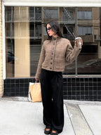 Taupe cropped button-front cardigan sweater with long sleeves and round neckline