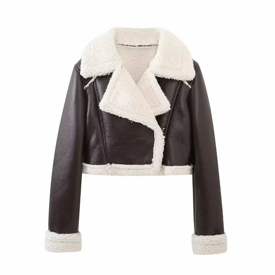 Lara cropped fleece jacket in dark brown leather with cream sherpa trim and cuffs