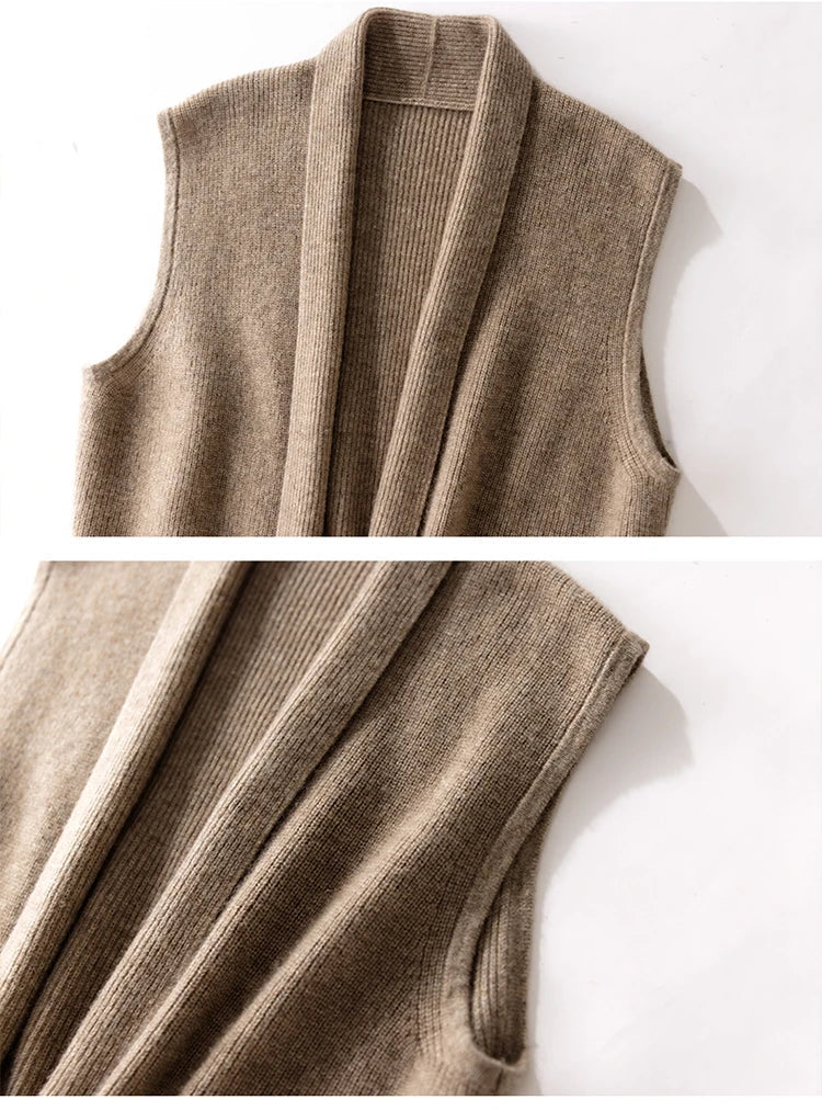 Women’s merino wool belted sweater vest, taupe camel shade, V-neck and rib-knit body