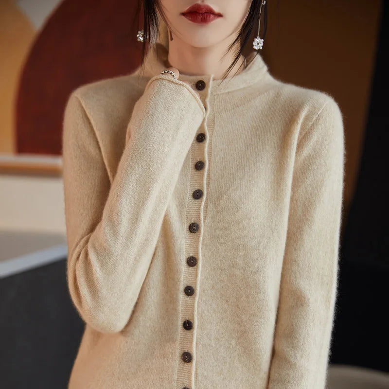 Women's merino wool button cardigan, cream fuzzy knit, button-front placket