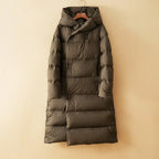 Long down puffer parka with hood, coffee-brown quilted puffer coat on hanger
