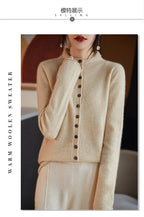 Women's merino wool button cardigan, light beige fuzzy knit, button-front and long sleeves