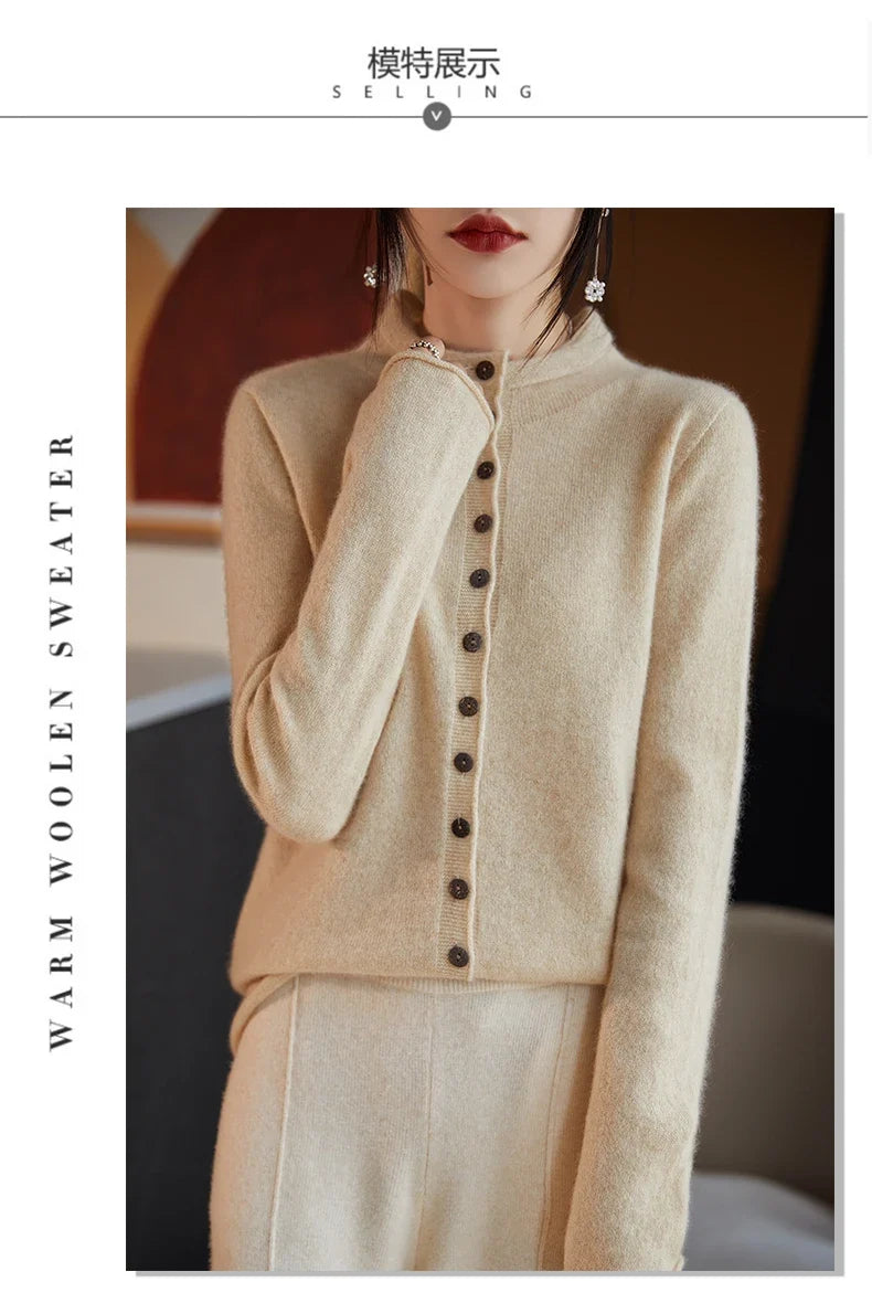 Women's merino wool button cardigan, light beige fuzzy knit, button-front and long sleeves