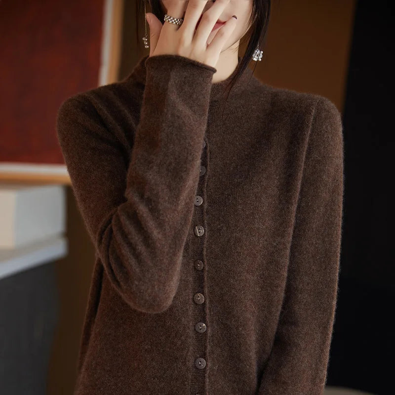 Women's merino wool button cardigan, dark brown fuzzy knit, long sleeves